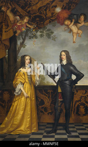 . Part of a series, together with File:Gerrit van Honthorst - Portret van Friedrich Wilhelm I, keurvorst van Brandenburg (1620-1688) en zijn echtgenote Louise Henriette van Nassau (1627-1667) Rijksmuseum.jpg and File:Gerrit van Honthorst - Frederik Hendrik met familie.jpg.  Double-portrait of William II (1626-1650), Prince of Orange, and his wife Mary Stuart (1631-1660).. 1647. Willem II prince of Orange and Maria Stuart Stock Photo