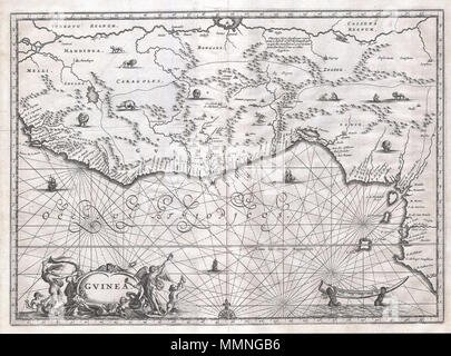 .  English: This is an extraordinary 1670 map of West Africa by English cartographer John Ogilby. Depicts the African Gold Coast, Ivory Coast, and Slave Coast from Guniea south through the modern nations of, Sierra Leone, Liberia, Mali, Burkina Faso, Cote D’Ivoire, Ghana, Togo, Benin, Nigeria, Cameroon, Equatorial Guinea and Gabon. Ogilby modeled this map after the 1639 Hondius / Janesson map. Here was can see the practice satirized by Jonathan Swift regarding the lack in information on the interior, they had to “place elephants for want of towns”. Indeed the interior is decorated with stylize Stock Photo