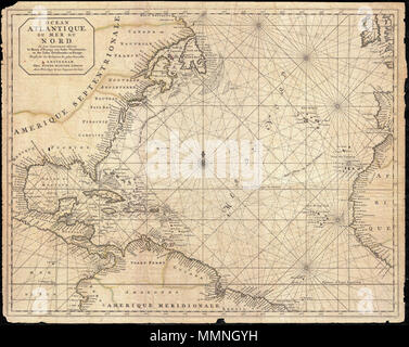 .  English: This is a rare and remarkable 1693 nautical chart of the Atlantic Ocean by Pierre Mortier. Covers the North Atlantic from rough 5 degree south latitude to roughly 56 degrees north latitude. Includes much of North America, all of the West Indies and Caribbean, Central America, the northern parts of South America, Western Africa, Ireland, and parts of Western Spain. As a whole Mortier's map presents a moderately accurate picture of the Americas. The coast lines, particularly in North America are a unnaturally craggy. Florida takes on an inverted cone aspect. The barrier islands and c Stock Photo
