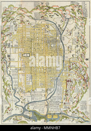 .  English: A rare 1696 Japanese woodblock map of Kyoto, Japan. Made in the early Edo period during the 9th year of Genroku era. Covers the city of Kyoto and its immediate vicinity. Like most early Japanese maps, this map does not have a firm directional orientation, rather all text radiates out from the center. Labels streets, waterways, mountains and important buildings. Despite 1696 date, it may be a reissue circa 1860, based upon the type of paper used.  Kyoto.. 1696 (dated: Genroku 9, early Edo). 1696 Genroku 9 (early Edo) Japanese Map of Kyoto, Japan - Geographicus - Kyoto-genroku9-1696 Stock Photo