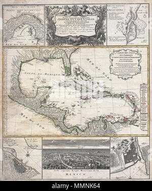 .  English: A wonderful example of J. B. Homann’s spectacular map of the West Indies. Consists of maps based upon the admirable work of D’Anville complied into a single sheet. The primary map, attributed to D’Anville’s work of 1731, depicts the West Indies from Mexico to the Lesser Antilles including the totality of Florida, parts of Carolina, and parts of northern South America. Southern Florida, in an attempted rendering of the Everglades, is shown as a series of lakes and islands connected by narrow canals. New Orleans and the mouths of the Mississippi are shown with relative accuracy as ar Stock Photo