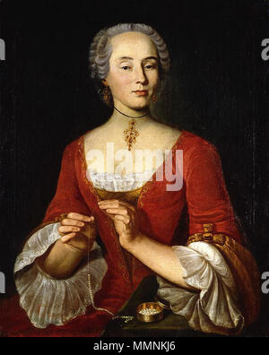 .  Deutsch: «Bildnis einer Dame, eine Perlenkette aufreihend»  Portrait of a Woman. 1745. Dame mit eine Perlenkette von Johann Ulrich Schellenberg Stock Photo