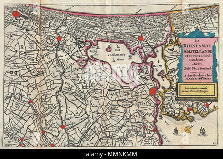 .  English: A stunning map of southern Holland (The Netherlands) and the vicinity of Amsterdam first drawn by Daniel de la Feuille in 1706. Based upon an earlier map by Balthazaro Florentio a Berkenrode who is credited in the title cartouche. Oriented to the southwest. Shows numerous sailing ships playing the Haarlemmermeer and the Zuiderzee. Covers from Amsterdam southward as far as Graven and Nieupoort. This is Paul de la Feuille’s 1747 reissue of his father Daniel’s 1706 map. Prepared for issue as plate no. 36 in J. Ratelband’s 1747 Geographisch-Toneel .  La Rhinlande Amstellande et Terres  Stock Photo