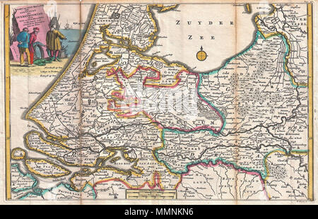 .  English: A stunning map of Holland first drawn by Daniel de la Feuille in 1706. Depicts Holland south of Amsterdam focusing and the delta and course of the Rhine River. A title cartouche in the upper left quadrant drawn by J. Goeree features three fishermen discussing the day’s catch. This is Paul de la Feuille’s 1747 reissue of his father Daniel’s 1706 map. Prepared for issue as plate no. 2 in J. Ratelband’s 1747 Geographisch-Toneel .  Kaart van Zuyd Holland met Aanwyzing der Overstrooming, door eys en Dykbraaken, in den Jaare 1726 omtrent de Maanden Jan:en Febr.. 1747 (dated 1726). 1747 L Stock Photo