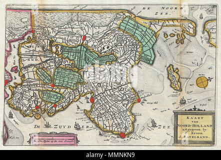 .  English: A stunning map of the northern part of Holland or the Netherlands first drawn by Daniel de la Feuille in 1706. Oriented to the west. Covers from Amsterdam at the far right northward as far as Texel and southward as far as Enkhuizen. Features some offshore detail and several sailing ships plying the Zuyder Zee ( Zuiderzee ).Dutch language title cartouche in lower right quadrant. This is Paul de la Feuille’s 1747 reissue of his father Daniel’s 1706 map. Prepared for issue as plate no. 35 in J. Ratelband’s 1747 Geographisch-Toneel .  Kaart van Noord-Holland.. 1747 (undated). 1747 La F Stock Photo