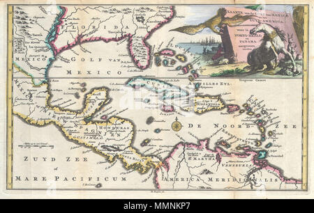 .  English: Engraved by Balthasar Ruyter, this is an extremely rare and highly unusual 1747 map of Mexico, the Caribbean, the West Indies and Florida. Covers from roughly Michoacán Mexico, west to Surinam, north as far as modern day Virginia and south as far as modern day Ecuador. The cartography exhibited here almost certainly references the important 1698 map of North America attributed to Friar Hennepin. The mouth and course of the Mississippi River are displaced far to the west of their actual location and are shown roughly where Galveston Harbor and Sabine Lake are now. Roughly where the  Stock Photo