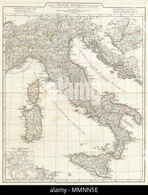 English A Large And Dramatic 1764 J B B Danville Map Of Italy In Ancient Roman Times Covers From Lake Geneva Lemanus Lac To Sicily Sicilia Inclusive Of The Entire Italian Peninsula Sardinia Corsica Sicily And Dalmatia Details Mountains Rivers Cities Roadways And Lakes With Political Divisions Highlighted In Outline Color An Inset In The Upper Right Details The Vicinity Of Rome Another Inset In The Lower Left Offers A City Plan Of Rome Title Are Appears In A Framed Zone Above The Map Proper Includes Four Distance Scales Referencing Various Measurement Systems Common In Mmnn5e 