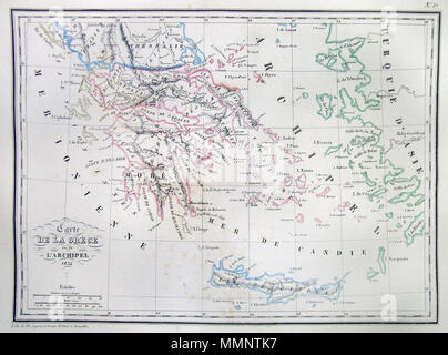 .  English: This is a beautiful 1834 hand colored map of Greece including very good detail of the Archipelago. Includes Crete or Candia. All text is in French.  Carte de la Grece en de L’Archipel 1834.. 1834. 7 1834 Malte-Brun Map of Greece - Geographicus - Greece-mb-1837 Stock Photo