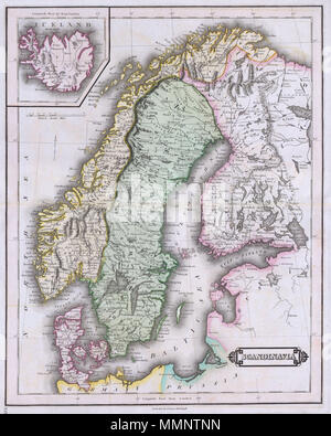 . English: This beautiful hand colored map of Scandinavia was produced by Daniel Lizars in 1840. Depicts the whole of Scandinavia including Norway, Sweden, Finland and Denmark. Inset of Iceland in the upper left corner. One of the finest maps of Scandinavia to appear in the mid 19th century. Undated.  Scandinavia.. 1840. This file is lacking author information. 7 1840 Lizars Map of Scandinavia ( Norway, Sweden, Finland, Denmark, Iceland ) - Geographicus - Scandinavia-lizar-1840 Stock Photo