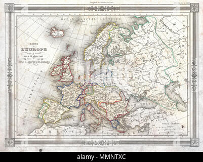 .  English: An uncommon and attractive 1852 map of Europe by J. G. Barbie du Bocage. Details all of Europe including Iceland as well as parts of Asia and Africa. Shows the Austrian Empire at its height, the many states of the German Confederacy, and a pre Garibaldi Italy split into numerous small Duchies and states. Features a beautiful frame style border. Prepared by J. G. Barbie du Bocage for publication as plate no. 3 in Maison Basset’s 1852 edition of the Atlas Illustre .  Carte de L'Europe. 1852 (undated). 8 1852 Barbie du Bocage Map of Europe - Geographicus - Europe-bocage-1852 Stock Photo