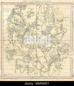 .  English: This rare hand colored map of the stars was engraved W. G. Evans of New York for Burritt’s 1856 edition of the Atlas to Illustrate the Geography of the Heavens. It represents the Northern night sky in the months of July, August and September. Constellations are drawn in detail and include depictions of the Zodiacal figures the stars are said to represent. Included on this chart are Scorpio (the Scorpion), Sagittarius (the Archer), Capricorn (the Goat), Serpentarins (the Serpent Bearer) and Taurus (the Bull). Chart is quartered by lines indicating the Solstitial and Equinoctial Colu Stock Photo