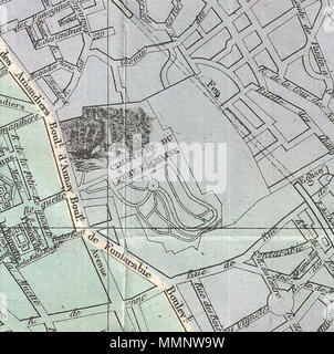 .  English: An extremely attractive map of Paris, France issued in 1864 by the Garnier Freres. Covers the old walled city of Paris and the immediate vicinity. Important buildings are shown in profile. All major streets are identified. Color coded according to arrondissements. The four corners are occupied by a street index. The Coat of Arms of Paris appears in the upper right and left quadrants.  Plan de Paris Illustre 1864.. 1864 (dated). 9 1864 Garnier Map of Pairs, France w-Monuments - Geographicus - Paris-garnier-1864 (cropped) Stock Photo