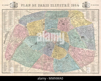 .  English: An extremely attractive map of Paris, France issued in 1864 by the Garnier Freres. Covers the old walled city of Paris and the immediate vicinity. Important buildings are shown in profile. All major streets are identified. Color coded according to arrondissements. The four corners are occupied by a street index. The Coat of Arms of Paris appears in the upper right and left quadrants.  Plan de Paris Illustre 1864.. 1864 (dated). 9 1864 Garnier Map of Pairs, France w-Monuments - Geographicus - Paris-garnier-1864 Stock Photo