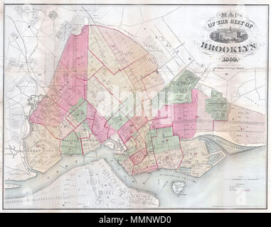 .  English: An extremely rare example of William G. Bishop’s pocket map of the city of Brooklyn, New York. In the mid 19th century, fueled by the advent of the steam ferry, which made crossing the East River practical, Kings County experienced a massive population burst. Wealthy and poor alike were quick to abandon the dirty and claustrophobic Manhattan for then suburban lands just across the East River. In 1855 the communities of Brooklyn, Greenpoint, Bushwick and Williamsburg were consolidated by the State of New York into one large city, modern day Brooklyn. It was around this time that the Stock Photo