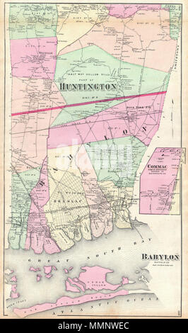 .  English: A scarce example of Fredrick W. Beers’ map of the southern part of Huntington and Babylon, Long Island, New York. Published in 1873, this magnificent map covers from Amityville to Babylon Cove. Extend as far moth as Melville and Half Way Hollow Hills, in Huntington. Southern part of map includes Great South Bay, Cedar Island and Oak Island Beach. Offers stupendous inland detail to the level of individual buildings and the names of land holders. Notes the route of the South Side railroad and the Long Island Railroad. An inset depicts the town of Commack, Huntington. This is probably Stock Photo