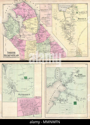 .  English: A scarce example of Fredrick W. Beers’ map of North Hempstead, Port Washington and Roslyn, New York. Published in 1873. Covers roughly from Little Neck Bay and Great Neck eastward past Manhasset to New Cassel. Includes large inset plans of the towns of Great Neck and Roslyn. Verso features town plans of Port Washington, Manhasset and Mineola. Detailed to the level of individual buildings and properties with land holders noted. This is probably the finest atlas map of northern North Hempstead, Long Island to appear in the 19th century. Prepared by Beers, Comstock & Cline out of thei Stock Photo