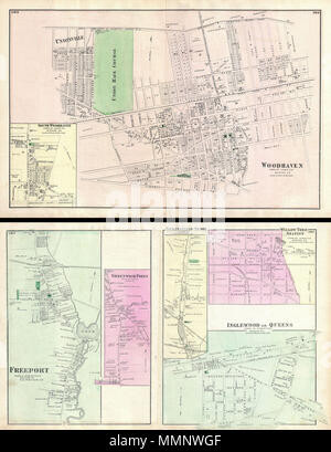 .  English: A scarce example of Fredrick W. Beers’ map of the town of Woodhaven, Queens, New York City. Published in 1873. Covers from Unionville past the Union Race Course along Atlantic Avenue to Grand Street. Extends as far south as Liberty Avenue and as far north as the Jamaica Plank Road. Lower left quadrant features an inset plan of South Woodhaven. Verso features city plans of Freeport, Greenwich Point, Springfield Store, Willow Tree Station and Inglewood. Detailed to the level of individual buildings and properties with land owners noted. This is probably the finest atlas map of the to Stock Photo