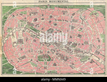 .  English: This is an extremely attractive 1926 tourist pocket map of Paris, France. Covers the old walled city of Paris and the immediate vicinity. Important buildings are shown in profile, including the Eiffel Tower, the Arc de Triomphe, Sacre-Coeur, the Pantheon, and others. Shows both the train and Metro lines throughout the city. This map was issued in various editions from, roughly 1900 to 1937. Though most examples are undated we can assign an approximate date due to the development of the Metro system and the map's overall style and construction. Attached to original red paper booklet Stock Photo