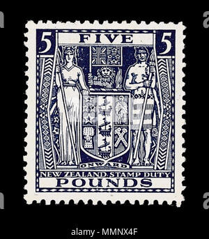 . English: In 1929, the New Zealand Post Office commissioned the Englishman H. L. Richardson, an artist and teacher at the Wellington Technical College, to design a series of fiscal revenue stamps, or duty stamps. The design employed the New Zealand coat of arms in a variety of colours depending on the value of the stamp. Richardson erroneously had the lion in the crest of the arms hold aloft a New Zealand flag instead of the Union Jack that he was supposed to carry. Richardson’s stamps were withdrawn from use in 1967 when New Zealand’s currency was decimalised.  . 1929. H. L. Richardson 13 19 Stock Photo