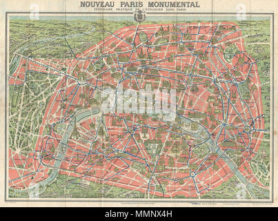 .  English: This is an extremely attractive c. 1928 tourist pocket map of Paris, France. Covers the old walled city of Paris and the immediate vicinity. Important buildings are shown in profile, including the Eiffel Tower, the Arc de Triomphe, Sacre-Coeur, the Pantheon, and others. Shows both the train and Metro lines throughout the city. This map was issued in various editions from, roughly 1900 to 1937. Though most examples are undated we can assign an approximate date due to the development of the Metro system and the map's overall style and construction. Attached to original red paper book Stock Photo