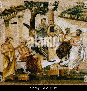 . Ancient Academy/ Academy of Plato. Mosaic from Pompeii, now in the Museo Archeologico Nazionale (Naples).  . 31 December 2011, 18:02 (UTC).  Academia mosaic.jpg: anonimous derivative work: NikNaks talk - gallery - wikipedia 25 Academia mosaic flipped Stock Photo