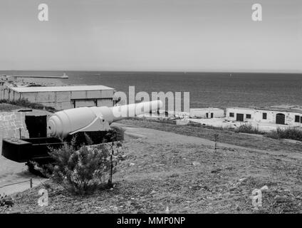 The Fortifications of Fort Rinella showing a restored Armstrong 100 ton gun. Stock Photo