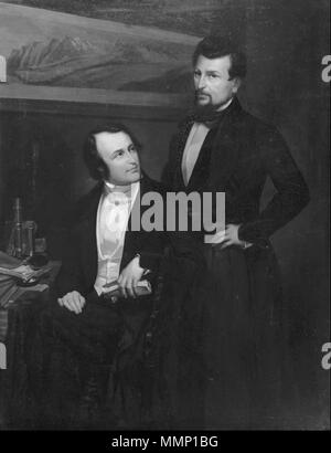 . English: Black-and-white reproduction of an oil painting showing Louis Agassiz (seated) and Pierre Jean Édouard Desor (standing). In the background on the wall the painter shows Jacques Bourkhardt's (1811–1867) painting Panorama de la mer de glace du Lauteraar et du Finsteraar–Hôtel des Neuchâtelois, 1842. The original of Berthoud's painting is at the Musée d’Art et d’Histoire Neuchâtel, Switzerland (Inventory no. 762).  . 19th century. Fritz Berthoud (1812–1890) 29 Agassiz and Desor by Berthoud Stock Photo