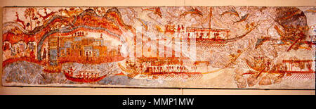 . detail of a bronze age fresco. English: Minoan fresco of the town of Akrotiri, Santorini, Greece  .  1600 B.C.. This file is lacking author information. 31 Akrotiri Minoan fresco Stock Photo