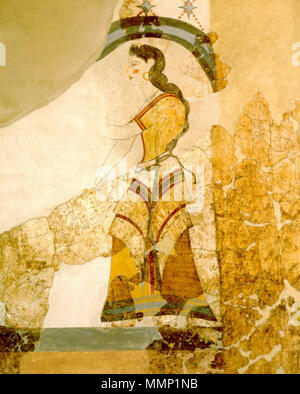 . Fresco of a lady with papyri from the bronze age excavation of the minoan town Akrotiri on the greek island of Santorini. 31 Akrotiri-lady-with-papyri Stock Photo