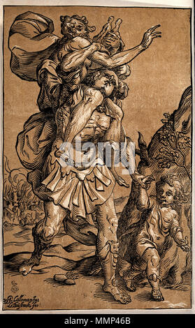 .  Coloured woodcut by L. Büsinck after G. Lallemand. Iconographic Collections Keywords: Georges Lallemand; Ludwig Büsinck  English: Aeneas carrying Anchises on his shoulders, while also leading his son Ascanius away from the fire of Troy. Français : Énée portant Anchise sur ses épaules, tout en éloignant son fils Ascagne de l'incendie de Troie . between 1623 and 1630. Aeneas carrying Anchises on his shoulders, while also leadin Wellcome V0049693 Stock Photo