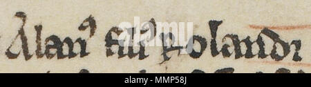 . English: An excerpt from folio 43r of British Library Cotton MS Faustina B IX (the Chronicle of Melrose). The excerpt refers to Alan fitz Roland, Lord of Galloway (died 1234). The excerpt concerns the record of Alan's death.  . between 12th century and 15th century. Unknown Alan fitz Roland (British Library MS Cotton Faustina B IX, folio 43r) Stock Photo