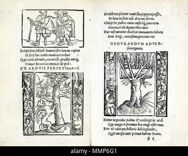 . English: 'Emblematum liber', Augsburg 1531, double-page. With this book, Andrea Alciato created the 'emblem' as a figure in the history of art. The emblem had to consist of three parts: headline, image and poem (Lemma, Icon and Epigramm). Deutsch: 'Emblematum liber', Augsburg 1531, Doppelseite. Mit diesem Buch begründete Andrea Alciato die kunsthistorische Form des Emblems, bestehend aus drei Teilen: Überschrift, Bild und poetischer Text (Lemma, Icon, Epigramm).  . 1531. Andrea Alciato Alciato 1531 Augsburg Doppelseite Stock Photo