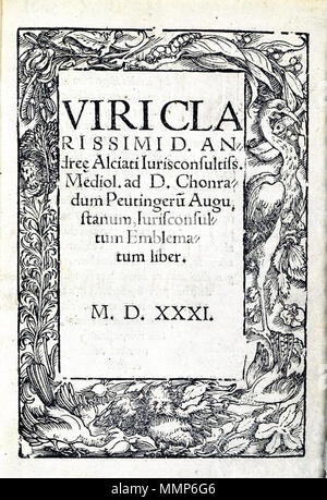 . English: 'Emblematum liber', Augsburg 1531, title-page. With this book, Andrea Alciato created the 'emblem' as a figure in the history of art. The emblem had to consist of three parts: headline, image and poem (Lemma, Icon and Epigramm). Deutsch: 'Emblematum liber', Augsburg 1531, Titelseite. Mit diesem Buch begründete Andrea Alciato die kunsthistorische Form des Emblems, bestehend aus drei Teilen: Überschrift, Bild und poetischer Text (Lemma, Icon, Epigramm).  . 1531. Andrea Alciato Alciato 1531 Augsburg Titel Stock Photo