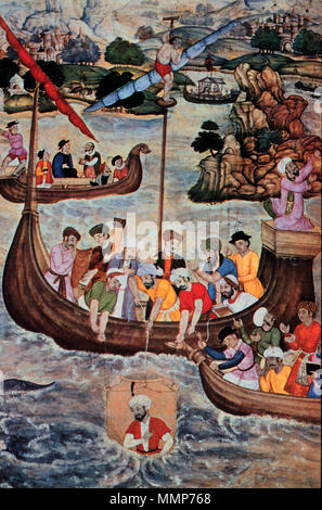 . 16th century painting of Alexander the Great, lowered in a glass diving bell  . Unknown, Credit: OAR/National Undersea Research Program (NURP); 'Seas, Maps and Men' Alexander the Great diving NOAA Stock Photo