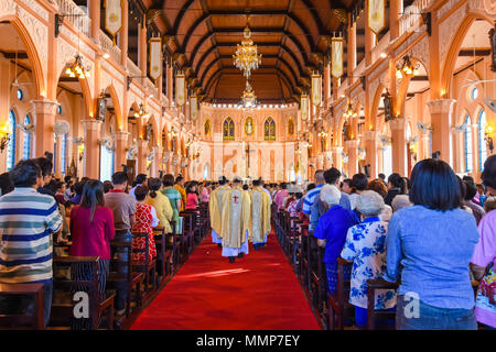 Chantaburi, Thailand - January 1, 2016: Group of pastors walking into Christian beautiful church where Chistian people attending religion ceremony in  Stock Photo