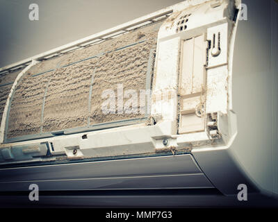 Closeup view of an open Air condition unit and very dirty air filters. Stock Photo