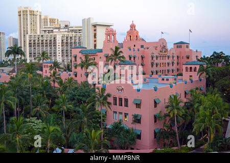 Royal Hawaiian Hotel, a beachfront luxury resort in world famous Waikiki, Oahu, Hawaii, USA Stock Photo