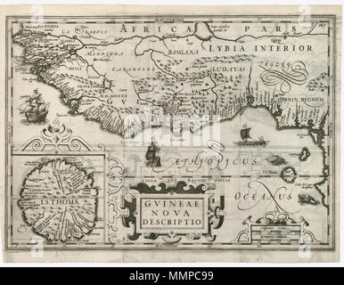 .  Nederlands: Kaart van de Afrikaanse Goudkust. Cartouche: Guinea nova descriptio. Rechtsboven: fl 267. Inzet links onder: Kaart van het eiland Sao Thomé. English: Map of the African Gold Coast. Cartouche bearing the inscription: Guinea nova descriptio. Top right: fl 267. Inset bottom left: Map of the island of Sao Thomé.  Nederlands: Kaart van de Afrikaanse Goud- en Slavenkust English: Map of the African Gold and Slave coast . 1614. Nederlands: Anoniem / Anonymous (graveur / etser) English: Anoniem / Anonymous (engraver / etcher) AMH-6460-KB Map of the African Gold and Slave coast Stock Photo