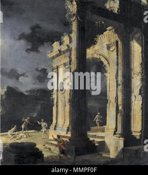 An architectural capriccio with figures amongst ruins under a stormy night sky. 18th century. An architectural capriccio with figures amongst ruins under a stormy night sky, oil on canvas painting by Leonardo Coccorante Stock Photo