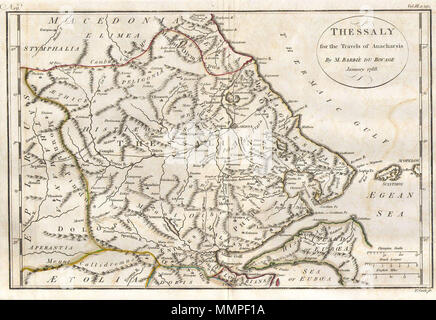 .  English: This lovely little map of Thessaly, just south of Macedonia in Ancient Greece, was prepared by M. Barbie de Bocage in 1786 for the “Travels of Anarcharsis”. Taken from the early D’Anville map. Thessaly is the legendary seat of Phthiotis, home of Achilles and his Myrmidons, who were so prominently featured in the Illiad. Achilles’s father King Peleus, ruled this region. There is also a curious theory that the people of Thessaly were blond, drawn from Homer’s reference to Achillies.  Thessaly for the Travels of Anarcharsis. 1788. 1788 Bocage Map of Thessaly in Ancient Greece ( the ho Stock Photo