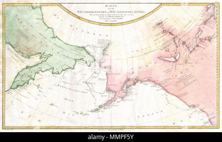 .  English: A rare German language variant of Cook’s map of his explorations along the northwest coast of America and the northeast coast of Asia. Based upon original work by Cook’s cartographer Henry Roberts. Depicts much of Siberia and Kamtschaka in Asia and, in America, shows Canada as far east as the western portions of Hudson Bay. Alaska and Asia are shown with considerable accuracy though Vancouver Island is missing. Shows several lakes west of Hudson Bay in what is today northwestern Canada. Numerous depth soundings detailed along the exploration tracks. In addition to Cook’s work, also Stock Photo