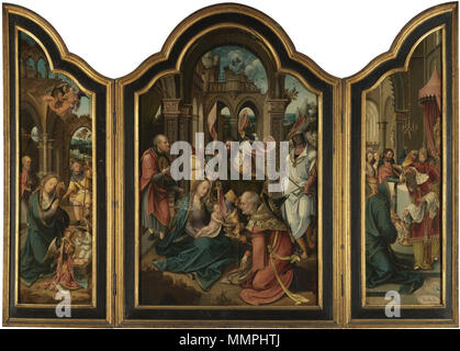 A triptych: central panel: The Adoration of the Magi, left wing: The Nativity, right wing: The Circumcision. from 1500 until 1520. Anonieme Antwerpse meesters - Triptychon Stock Photo