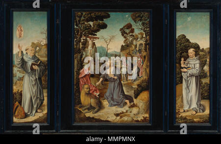 A Triptych: Scenes from the life of st. Jerom, St. Anthony of Padua, St. Bernard of Clairvaux. circa 1525-30. Antwerp School c. 1525-30 - A Triptych Stock Photo