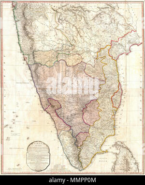 .  English: This map, created immediately after the Third Anglo-Mysore War (1789-92), shows the division of and territorial loss by the Kingdom of Mysore through the 1792 Treaty of Seringapatam. A 'third edition' was created in 1800 showing the territorial changes after the Fourth Anglo-Mysore War (1798–1799). Description from Geographicus: One of the largest and most impressive maps of India to appear in the 18th century. Depicts the subcontinent from Bombay ( Mumbai ) and Aurungabad, south including the northern half of Sri Lanka ( Ceylon ). Printed in 1793 in London by William Faden, “Royal Stock Photo