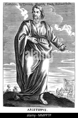 . English: Aristippus of Cyrene, ancient Greek philosopher. From Thomas Stanley, (1655), The history of philosophy: containing the lives, opinions, actions and Discourses of the Philosophers of every Sect, illustrated with effigies of divers of them.  . circa 1655. Unknown Aristippus in Thomas Stanley History of Philosophy Stock Photo