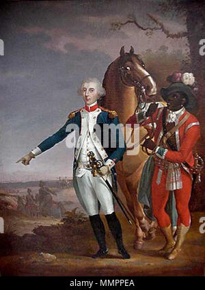 .  English: The image is of Marquis de La Fayette standing next to James Armistead Lafayette, who was a spy for the Americans, against the British  Lafayette at Yorktown. circa 1783. Armistead and Lafayette by Jean Baptiste Le Paon 1783 Stock Photo