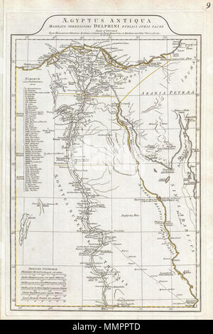 .  English: A large and dramatic 1794 J. B. B. D'Anville map of Ancient Egypt Covers from the Nile Delta and Gaza south as far as Aswan. Details mountains, rivers, cities, roadways, and lakes with political divisions highlighted in outline color. Features both ancient and contemporary place names, ie. Thebae and Luxor, for each destination - an invaluable resource or scholars of antiquity. Identifies the Pyramids, Mount Sinai, Natron, Philae Island, the Cataracts, etc. Title area appears in a raised zone above the map proper. Includes six distance scales, bottom left, referencing various measu Stock Photo