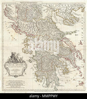 .  English: A large and dramatic J. B. B. D'Anville map of Ancient Greece. Covers from Macedonia to the Peloponnesus, inclusive of Euboea and the Ionian Isles. Details mountains, rivers, cities, roadways, and lakes with political divisions highlighted in outline color. Decorative title cartouche in the lower left quadrant depicts an ancient Greek woman lounging against a Tuscan column while two cherubic children create art. Includes five distance scales, bottom left, referencing various measurement systems common in antiquity. Text in Latin and English. Drawn by J. B. B. D'Anville in 1762 and  Stock Photo