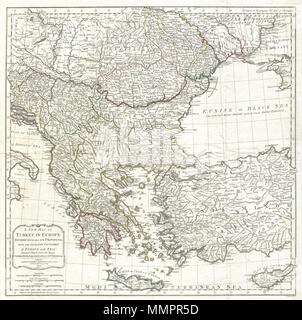 .  English: An extraordinary large format 1794 map of Greece, Turkey in Europe, the Balkans and adjacent regions by Laurie and Whittle. Map covers from the Gulf of Taranto, Italy, eastward as far as the Crimea, extend northwards to Transylvania and Moldova and southwards as far as Crete and Cyprus. Includes the modern day nations of Greece, Turkey, Cyprus, Bosnia, Croatia, Albania, Serbia, Macedonia, Bulgaria, Hungary, Rumania, Bulgaria, Moldova, and parts of Italy, Austria and the Ukraine. Offers extraordinary detail throughout, noting cities, roads, geographical features, and sub-states. Bas Stock Photo