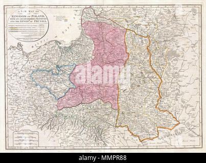 .  English: This important 1794 map by Thomas Kitchin depicts the Kingdom of Poland during the brief transitional period between the second and third partitions. Covers from Brandenburg to Russia and from the Gulf of Livonia to Moldova and Hungary, including all of Poland and the Grand Duchy of Lithuania, parts of Prussia, Russia, Livonia, Hungary, Germany and Austria. This map depicts Poland in 1794, immediately following the Second Partition of Poland in 1793. By the mid 18th century Poland, due to an inefficient and corrupt internal bureaucracy, had lost much of its autonomy to its aggressi Stock Photo